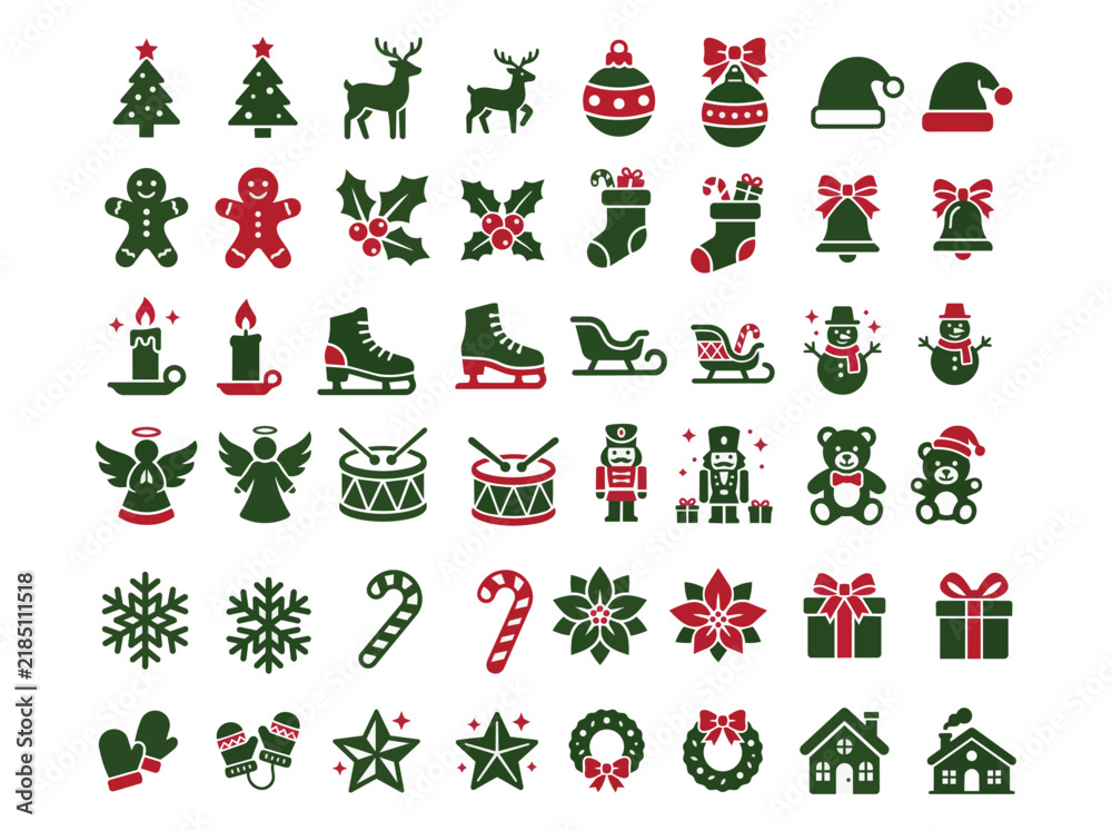 Naklejka premium Christmas holiday icon set featuring trees, reindeer, stockings, bells, gingerbread, candles, skates, sleighs, snowmen, angels, drums, and nutcrackers in green and red.