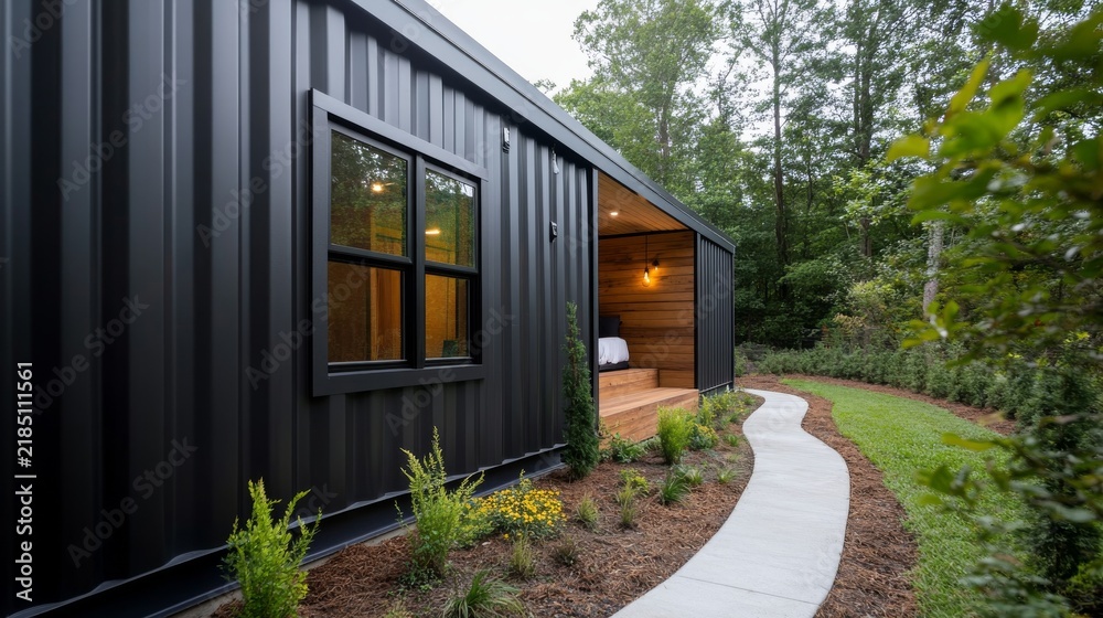 Fototapeta premium Golden Afternoon Past the Welcoming Entrance Deck: Shipping Container House With Modular Guest Suite And Garden