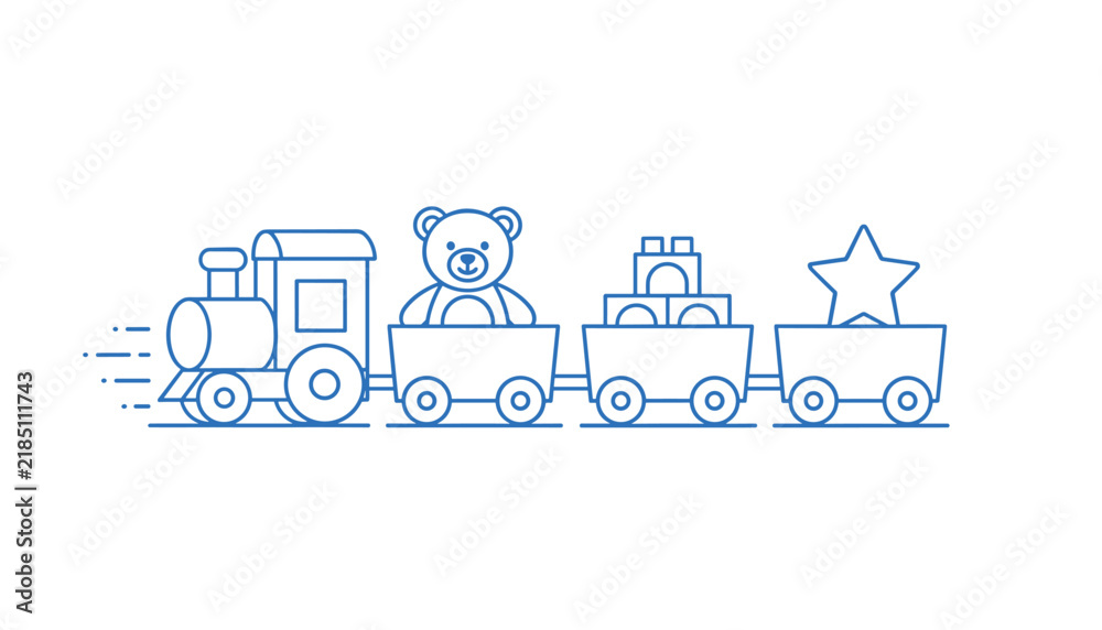 Naklejka premium Cute toy train carrying a teddy bear, building blocks, and a star is drawn in simple blue outline on a white backdrop.