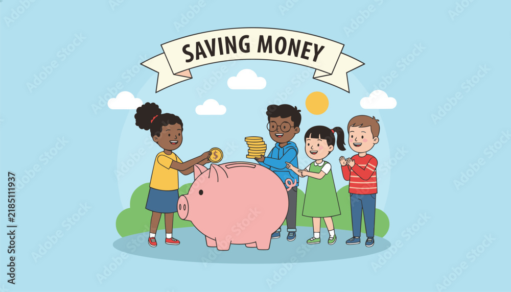 Naklejka premium Financial education concept illustration showing four diverse kids happily saving money inside a pink piggy bank.