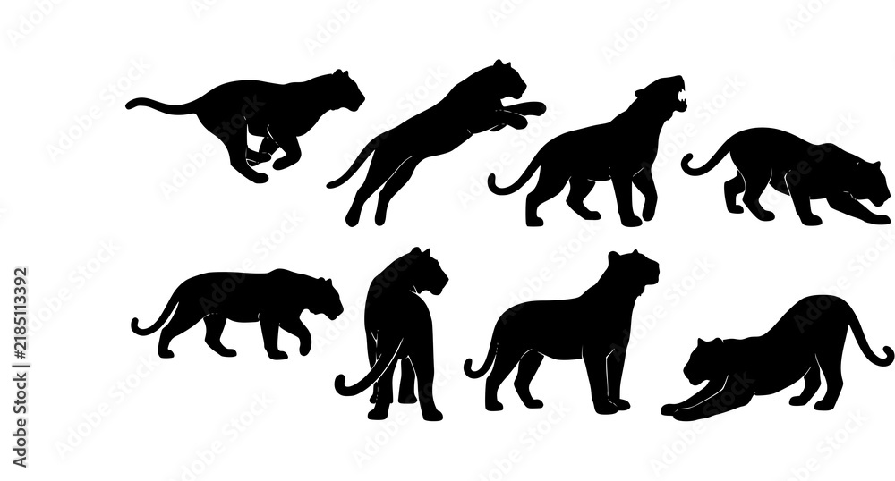 Obraz premium Dynamic Wild Tiger Black Silhouette Vector Illustration Set