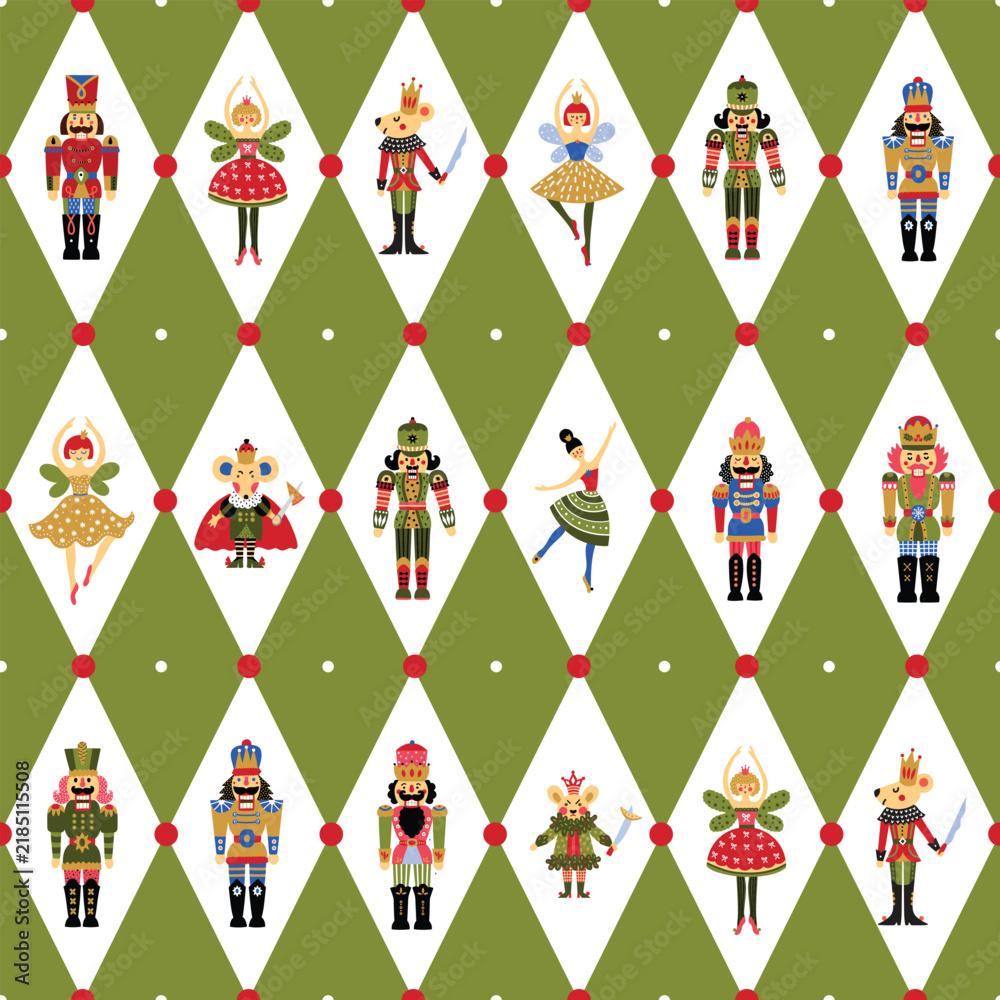 Obraz premium Christmas vector seamless Nutcracker pattern. Seamless pattern can be used for wallpaper, pattern fills, web page background, surface textures.