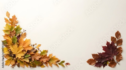 Autumn leaves arranged in a decorative corner frame against a bright background