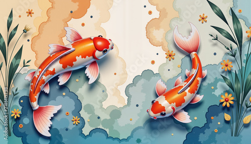 Colorful koi fish swimming amidst floral patterns and soft colors  