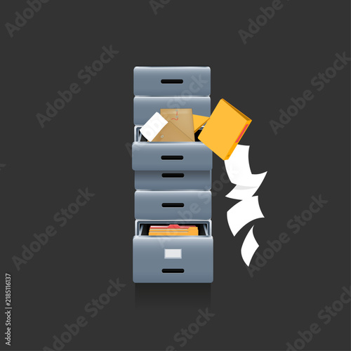 Canvas Print Messy office filing cabinet with scattered documents vector illustration