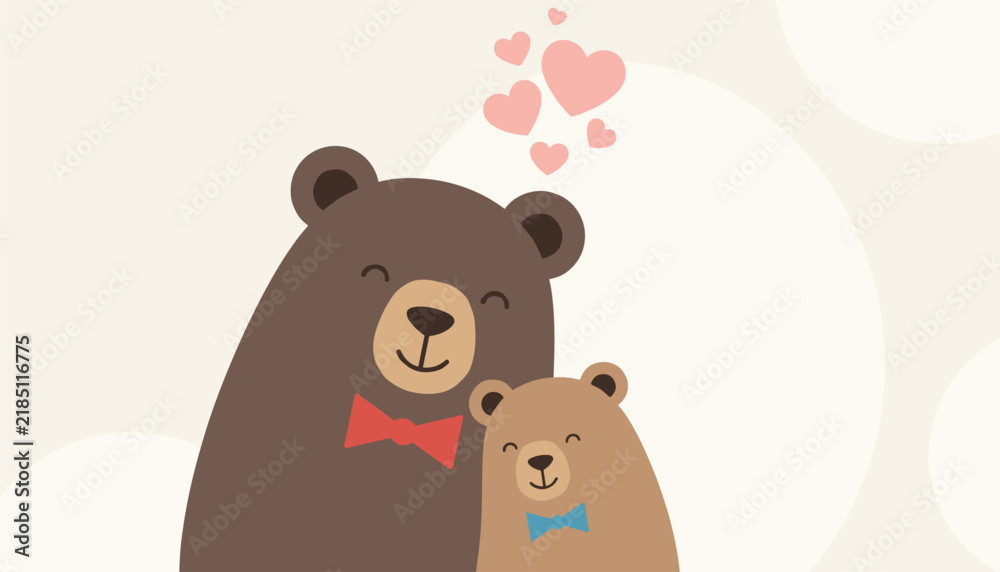 Obraz premium Sweet illustration of a large brown bear hugging a smaller cub with several pink hearts floating in the air above them.