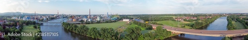 Industrial park and Main River in Frankfurt Germany aerial panorama