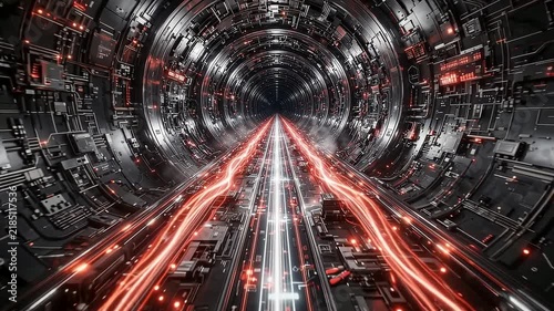 Futuristic spaceship tunnel corridor with glowing red light beam and motion blur effect inside a dark metallic sci fi station interior