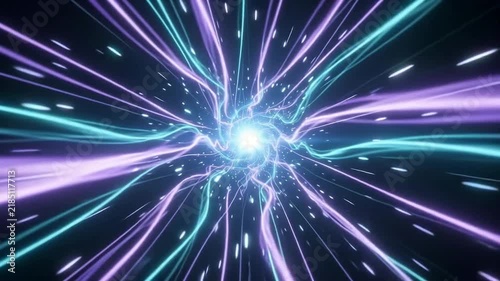 Futuristic light speed tunnel with glowing purple and blue energy streaks traveling through space time warp dimension for digital technology concept