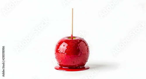 Red candy apple with a wooden stick isolated on white background