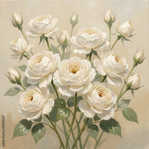 Wild White Roses Romantic Botanical Oil Painting for Wedding and Stationery