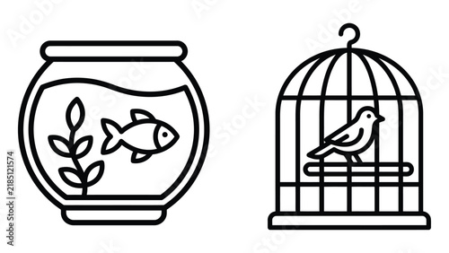 Fishbowl and birdcage vector illustration with a goldfish and a small bird