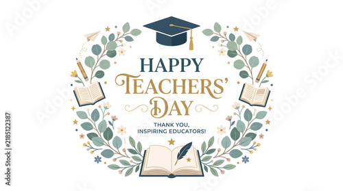 Happy teachers day greeting card with graduation cap and open book icon education background academic achie