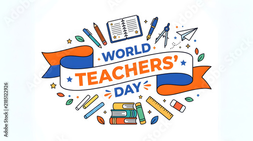 World teachers day celebration banner with school supplies and educational equipment illustrations