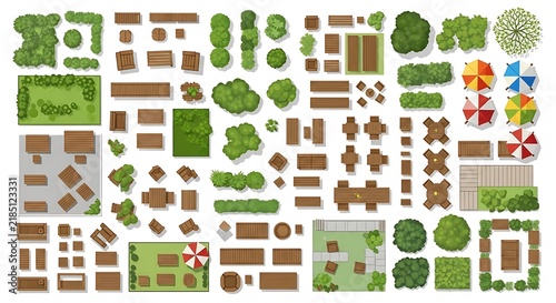 Top view landscape design elements with trees and garden furniture