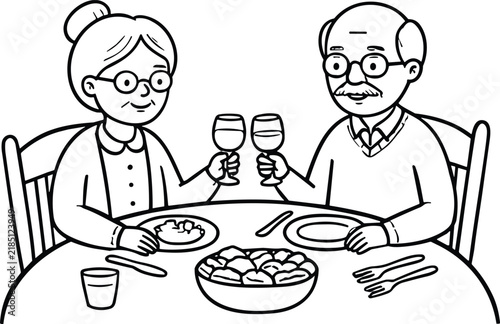 Elderly couple dining together sitting at table toasting wine glasses dinner date line art vector illustration set.