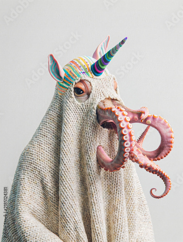 Octopus in ghost costume with unicorn horn hat, surreal funny animal portrait