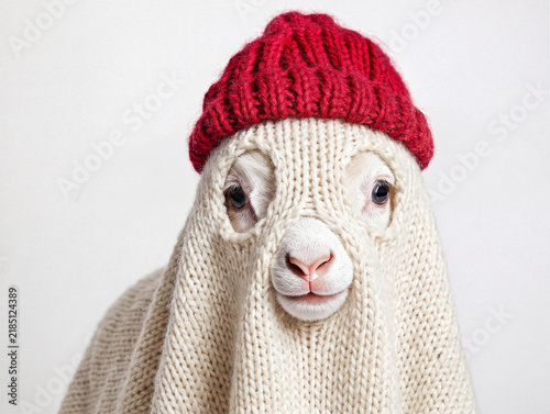 Lamb dressed as ghost in knitted sweater with red beanie, cute farm animal portrait