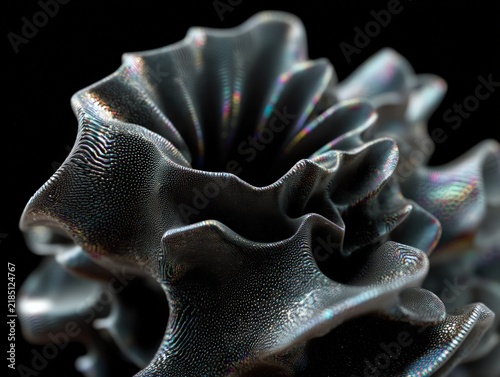 Macro shot of iridescent folded petals on a black background