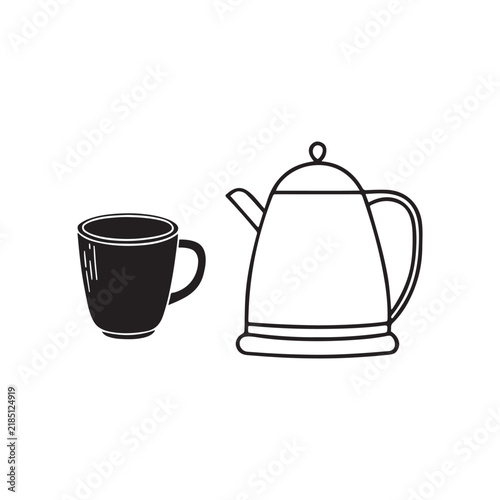 Simple black coffee mug with electric kettle illustration design
