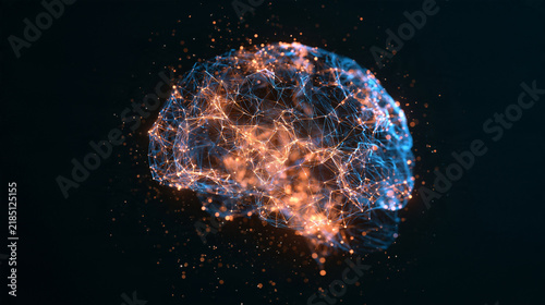 Luminous Neural Network Brain With Orange and Blue Energy Connections