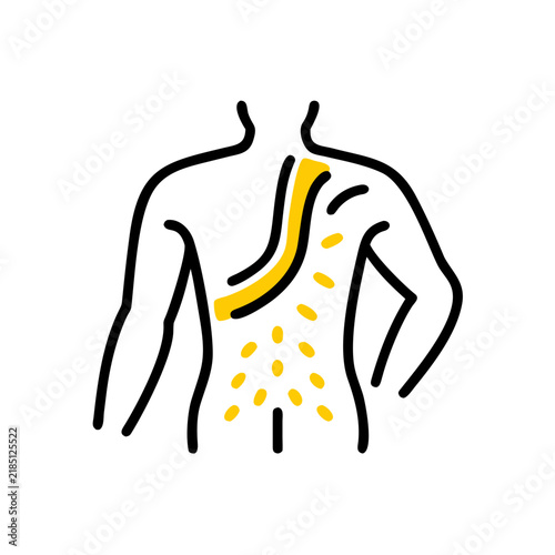 Back pain icon with yellow highlights on human body in sketch style.