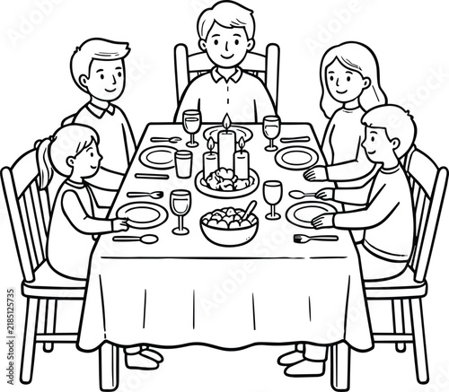 Family sitting together at dining table having dinner candles food plates line art vector illustration set.