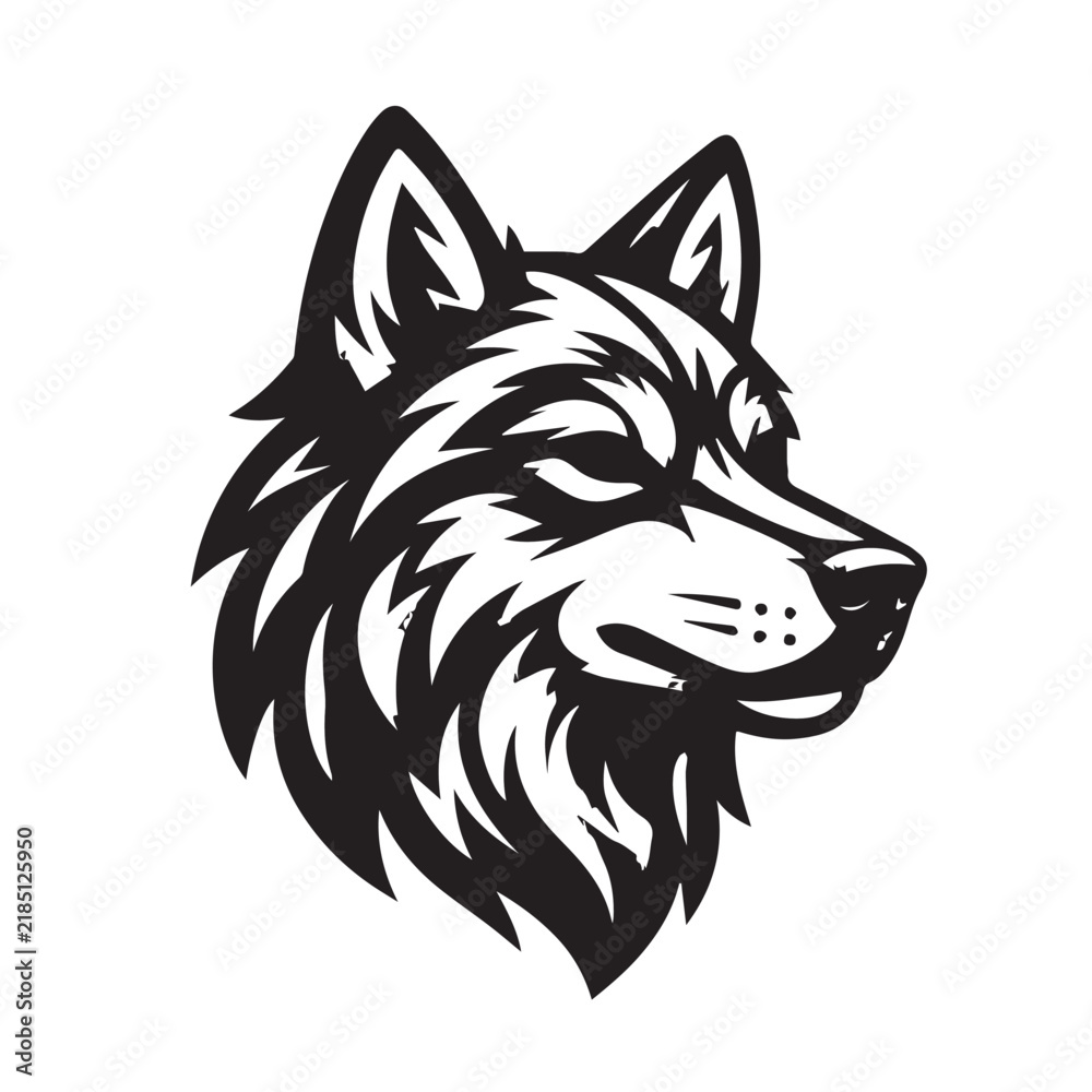 Obraz premium Bold black wolf head silhouette emblem vector, original geometric design, sharp ears and distinctive fur contours, strong symmetrical composition, clean negative space