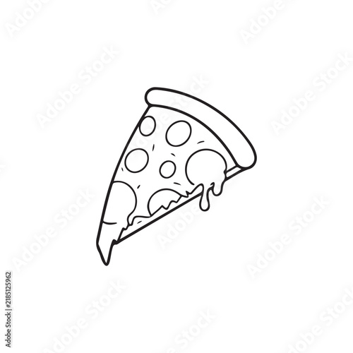 Simple line drawing slice of cheese pizza with melted cheese dripping isolated