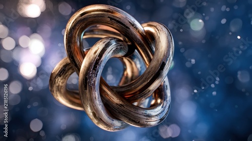 Interwoven abstract gold metal loop sculpture on dark blue backdrop