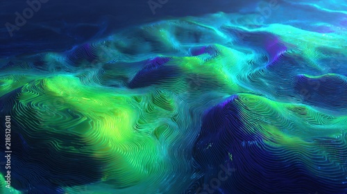 Abstract visualization of flowing liquid energy and complex wave patterns in vibrant blue and green