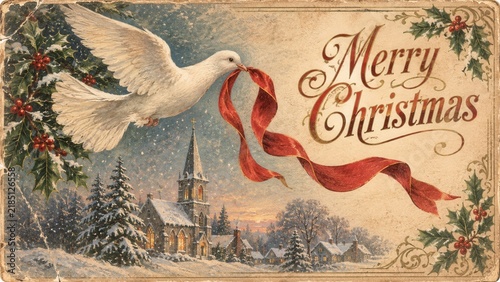 Vintage engraving sketch white dove carrying a red ribbon above a snowy Christmas village and church scene