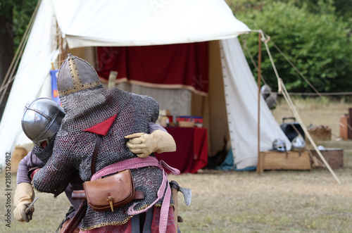Photography Live Action Role Play Re enactors simulating a fight between an invading viking