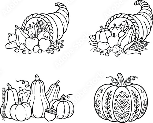 Thanksgiving cornucopia pumpkins gourds horn of plenty harvest vegetables autumn line art vector illustration set.