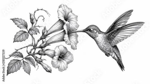 Hummingbird feeding from trumpet flower engraving sketch botanical wildlife illustration on white background