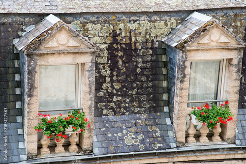 France, Lot, Rocamadour.  Detail weathered roof covered with slate tiles. 