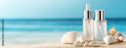 Elegant skincare bottles on sandy beach with seashells and ocean backdrop create a serene coastal vibe at sunset
