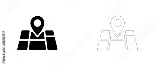 Agricultural field grid map with location pin vector icon filled and outline, precision farming field mapping symbol.