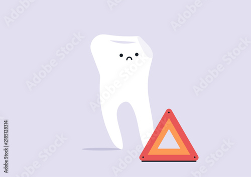 A quirky illustration shows a sad broken tooth standing next to a warning triangle, This creative scene highlights the importance of dental care and safety.