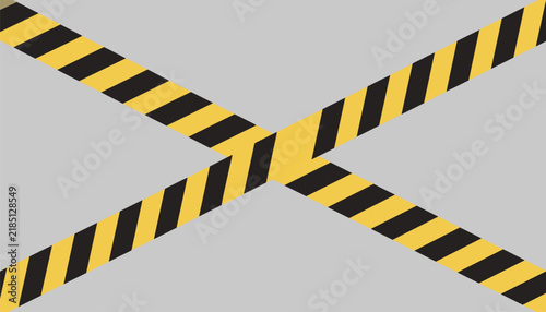Crossed yellow and black caution hazard tapes create a warning symbol over a neutral grey background for safety and security.