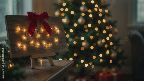 Illuminated 2027 fairy lights wooden sign with red ribbon on easel near blurred Christmas tree, created with generative ai.