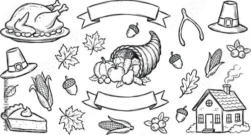 Thanksgiving day elements set roast turkey cornucopia pilgrim hat pie house ribbons vintage etching line art.