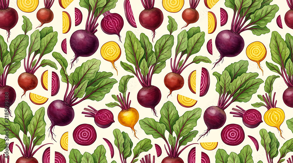 Beetroot vector pattern seamless illustration of fresh red and yellow beets