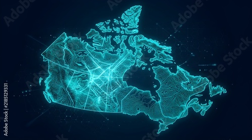 Canada map illustration rendered in glowing neon cyan lines featuring intricate topographical details and futuristic networking light pathways set against a dark navy blue background field.