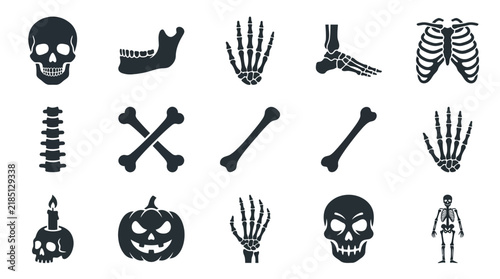 Dark Silhouette Icons of Human Skeleton Parts and Halloween Spooky Elements.