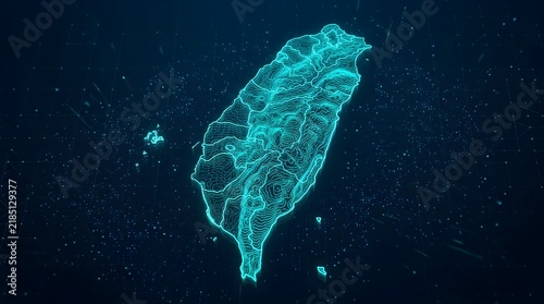 Taiwan map representation rendered with glowing blue digital light lines forming a complex topographical elevation mesh over a dark background with scattered floating data particles