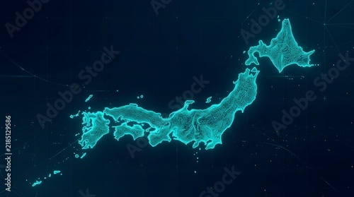 Japan topography map featuring glowing cyan neon lines on a dark blue background created with intricate digital vector art for high tech geographic data visualization