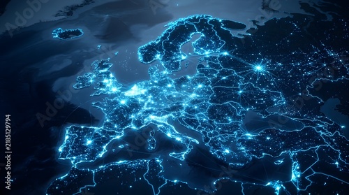 Digital map of europe displaying glowing blue connections representing modern communication networks and high speed data transmission across continents in a dark sleek abstract aesthetic style