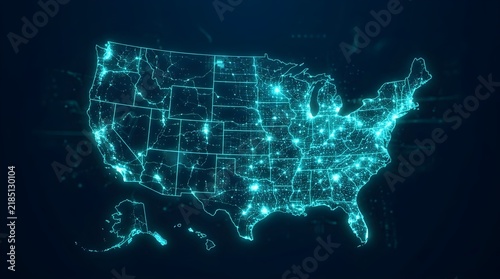 Glowing neon map of the United States featuring intricate interconnected network lines and bright light nodes displaying digital infrastructure connectivity across all fifty individual states today