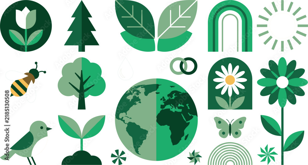 Obraz premium Green Ecology and Sustainable Environment Protection Flat Vector Icon Set with Planet Earth Trees Flowers Leaves Bird and Insect Elements for Eco Branding